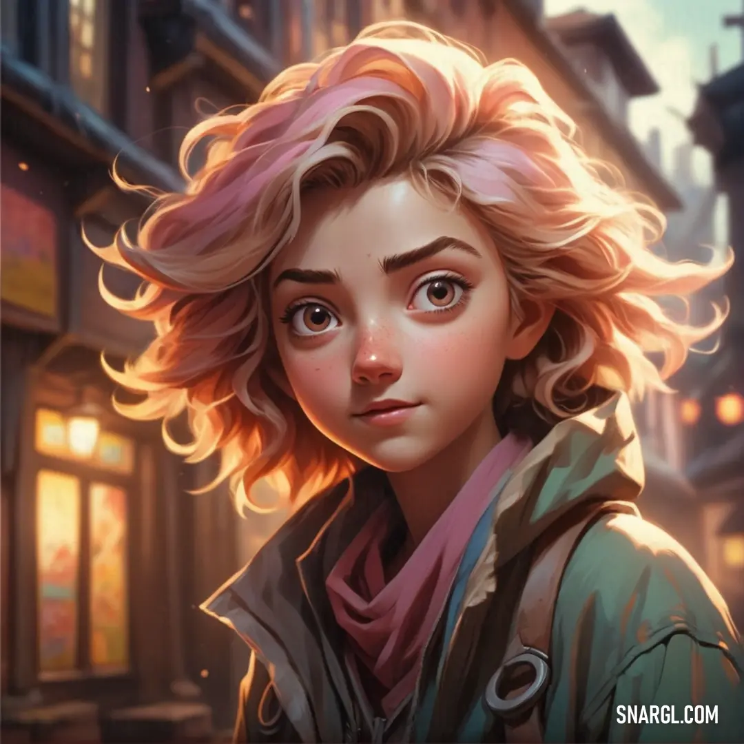 Painting of a girl with blonde hair and a coat on a city street at night with a street light in the background