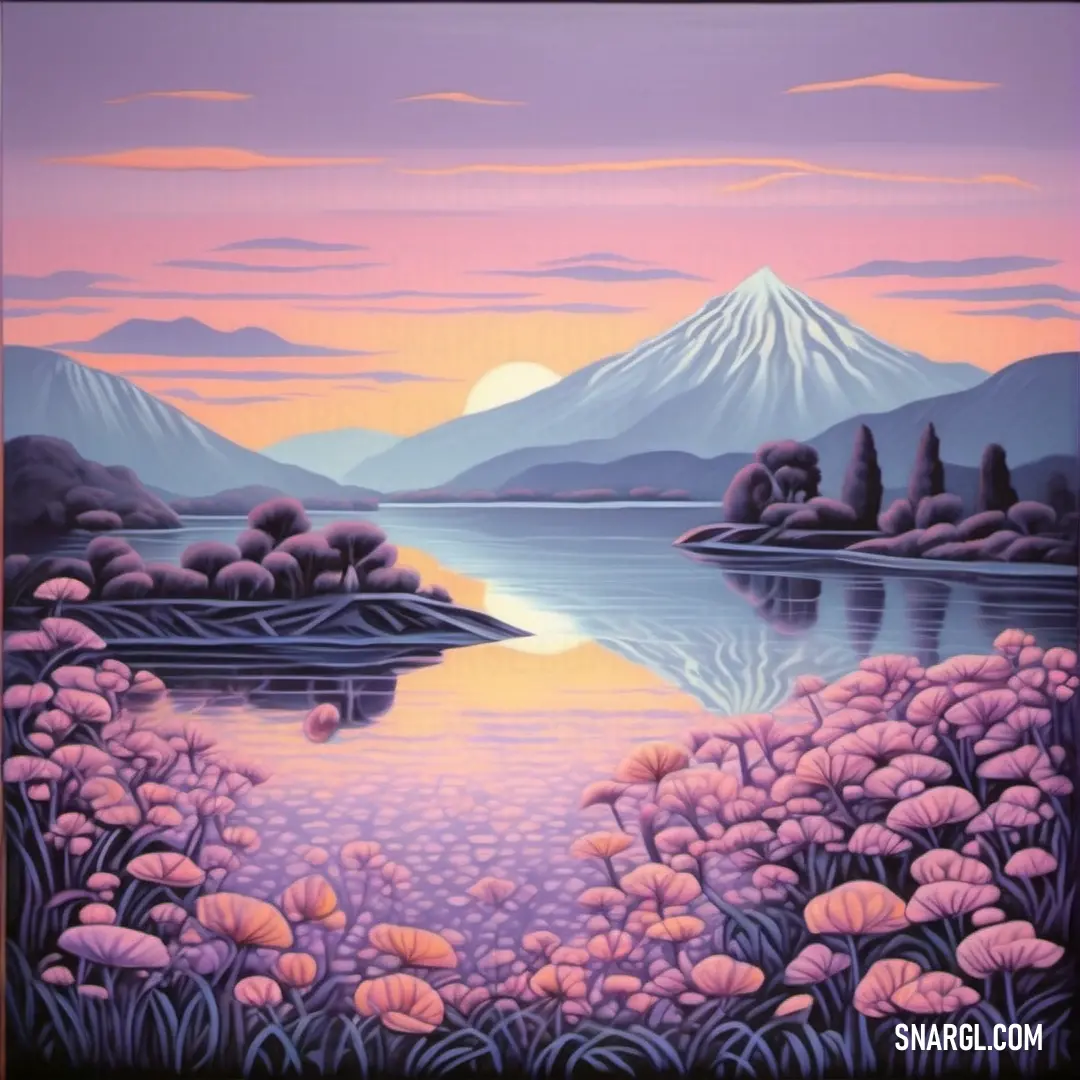 Painting of a mountain lake with flowers in the foreground and a sunset in the background. Example of CMYK 0,37,7,20 color.