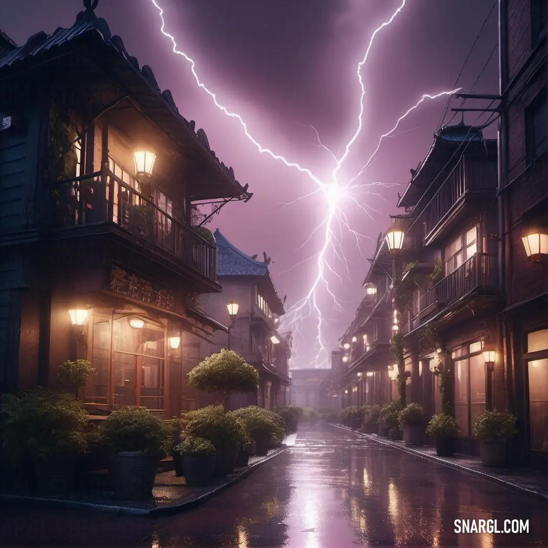 Lightning bolt strikes over a city street at night time with buildings lit up by street lamps and potted plants