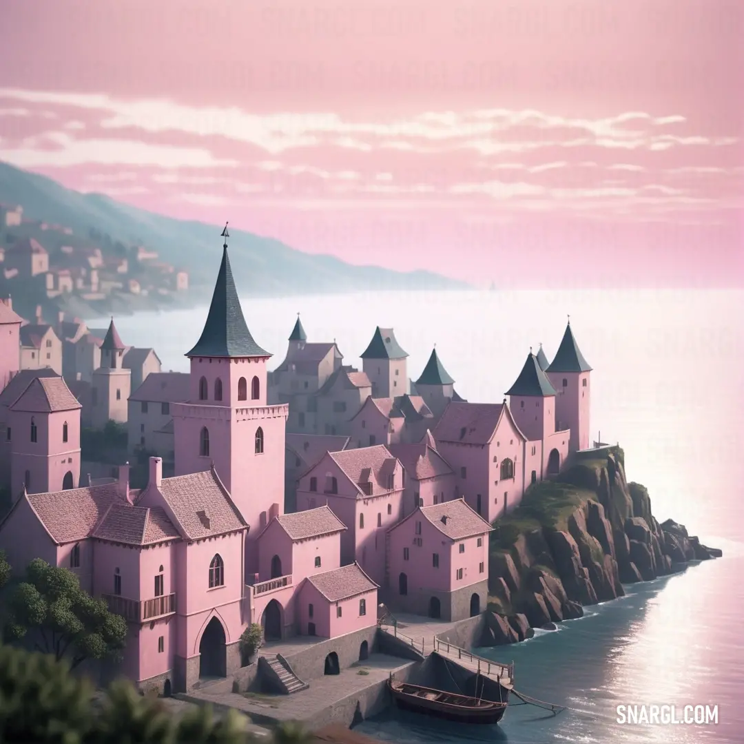 Pink castle with a boat in the water and a pink sky above it and a pink sky above it. Example of NCS S 2020-R30B color.