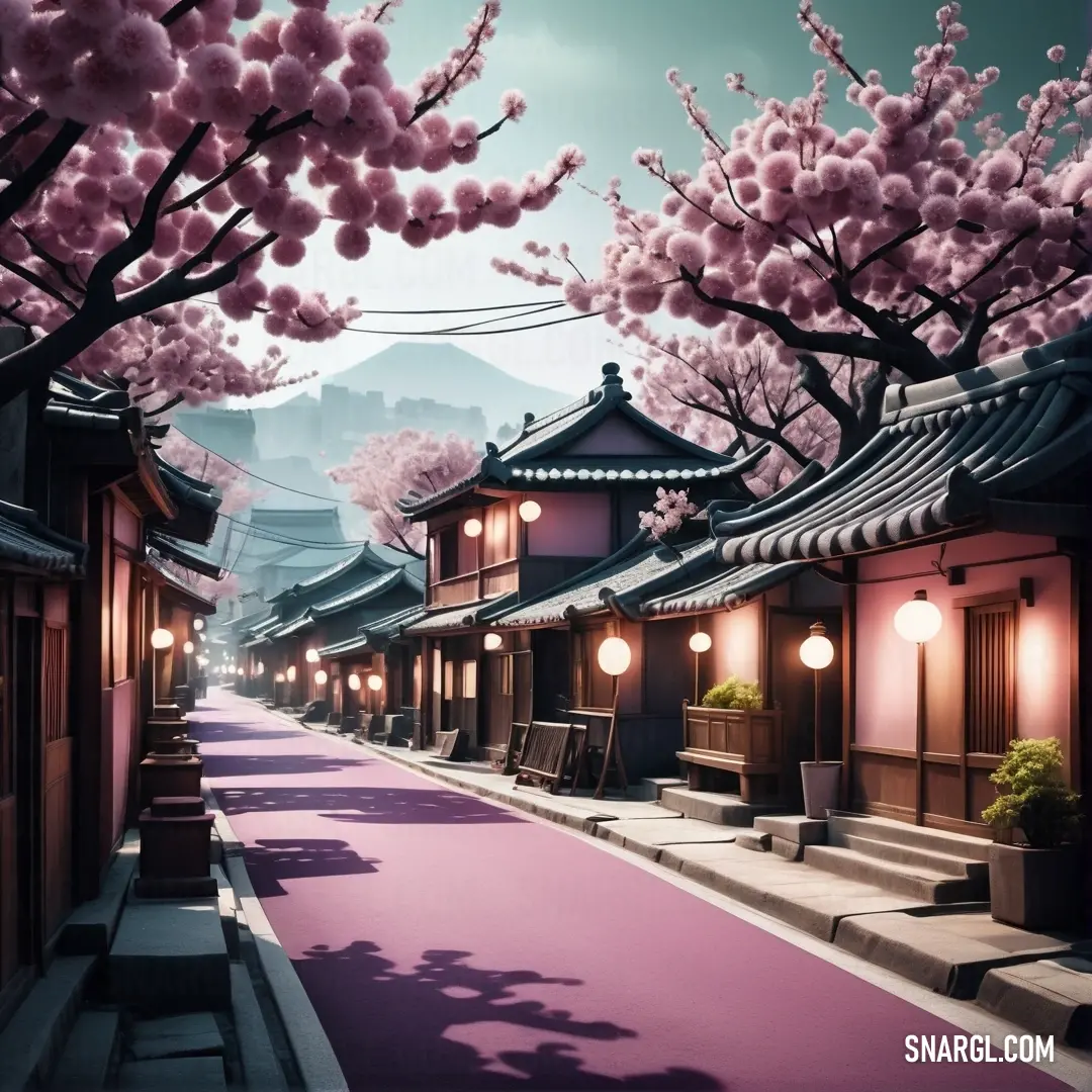 Street with a pink carpet and trees with pink flowers on it and a mountain in the background. Color CMYK 0,36,5,20.