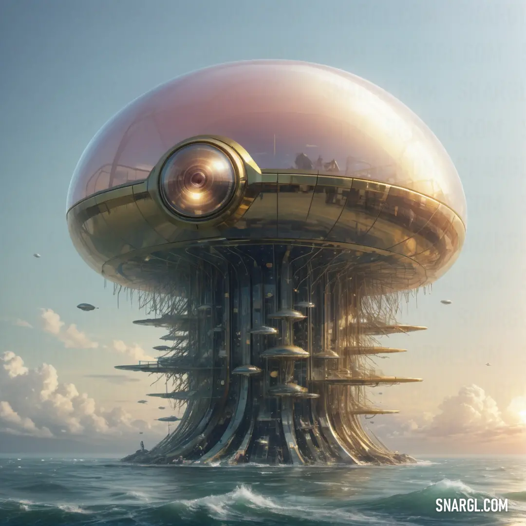 NCS S 2020-R40B color. Futuristic floating city in the middle of the ocean with a giant eyeball on top of it