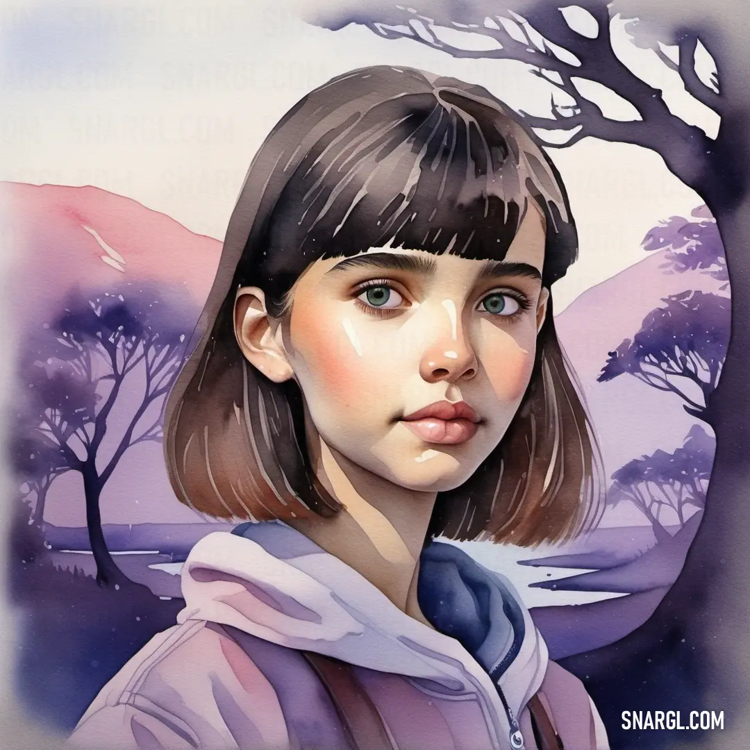 Painting of a girl with a hoodie on and a tree in the background. Example of NCS S 2020-R40B color.