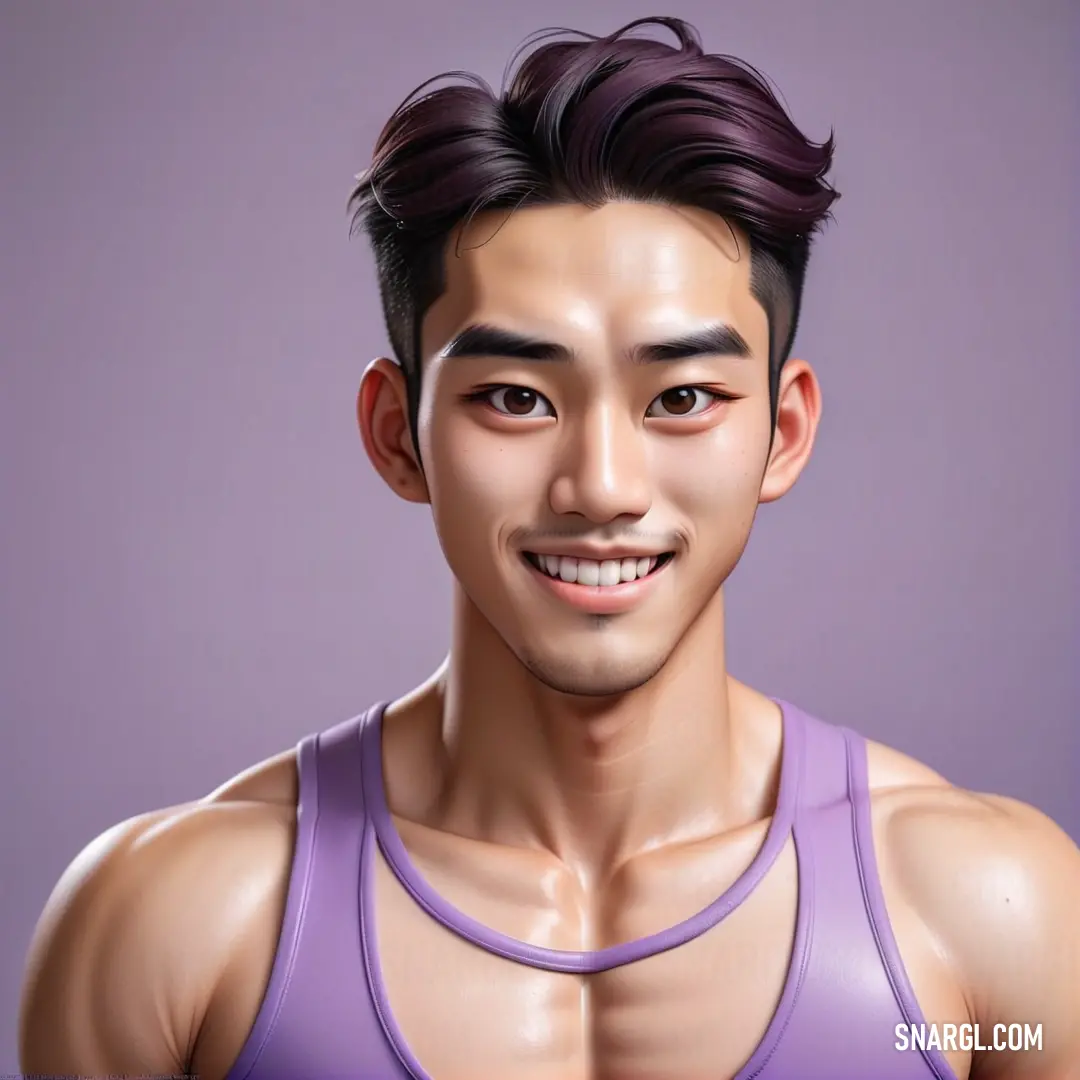 Man with a purple tank top and a smile on his face,. Example of #C4A5CD color.