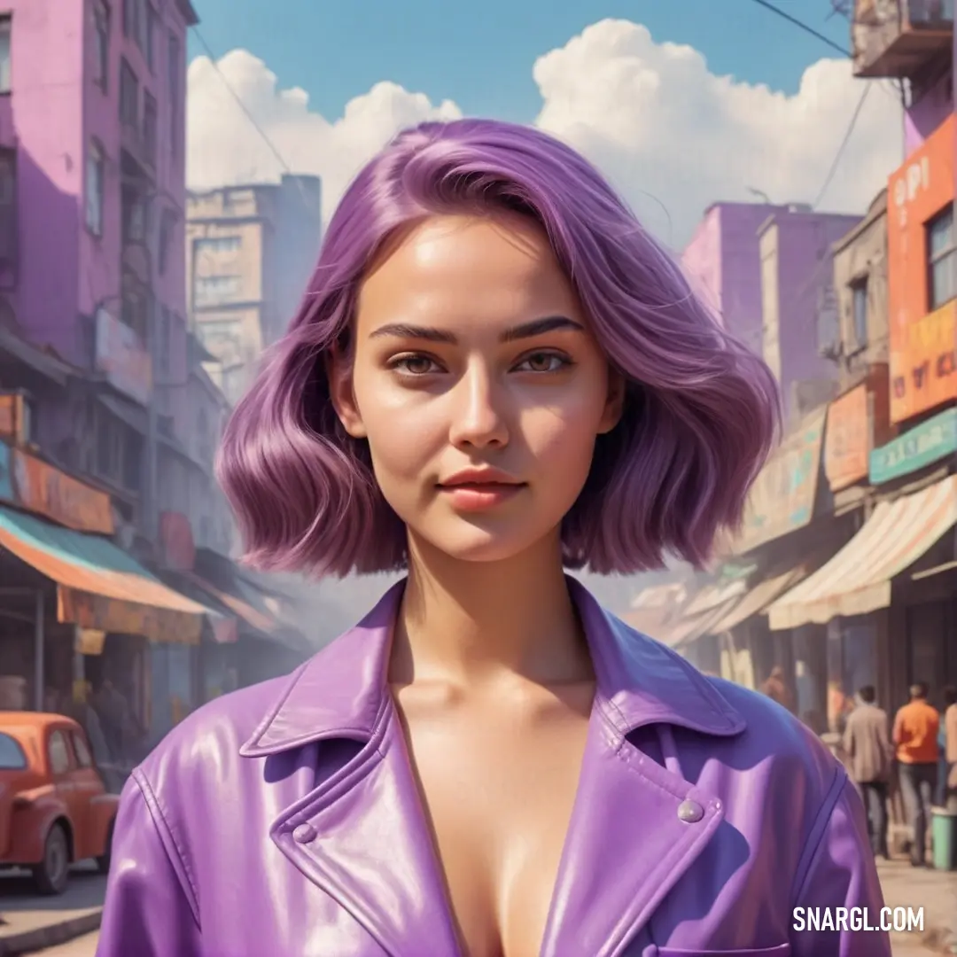NCS S 2020-R50B color. Woman with purple hair and a purple jacket on a city street with buildings and cars in the background