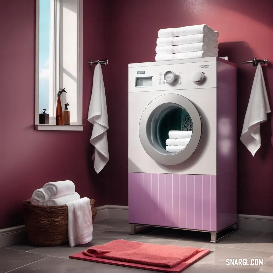 Washer and a towel rack in a bathroom with a window and a pink wall behind it and a basket with towels. Example of NCS S 2020-R50B color.