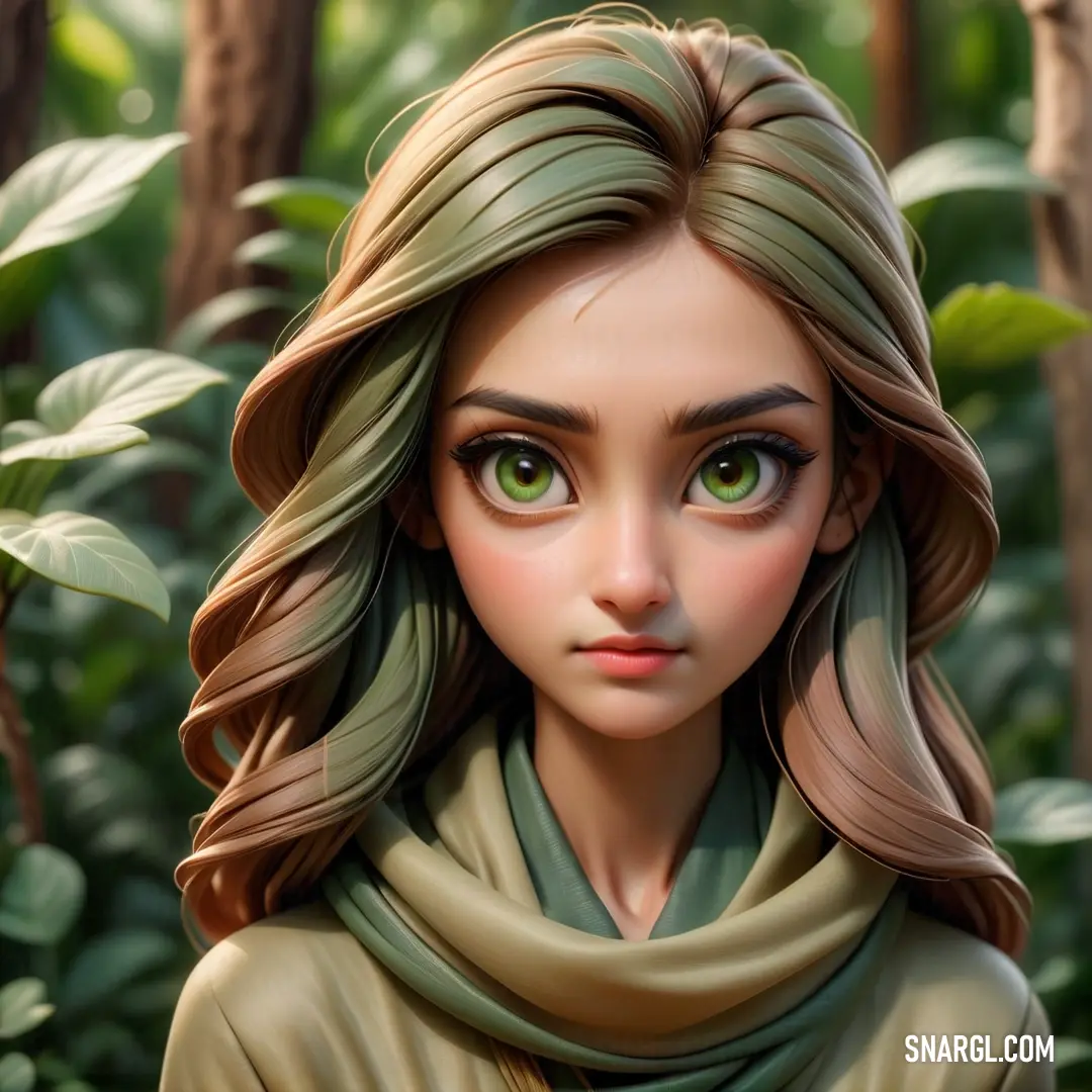 Digital painting of a woman with green eyes and a scarf around her neck in a forest setting with trees and bushes