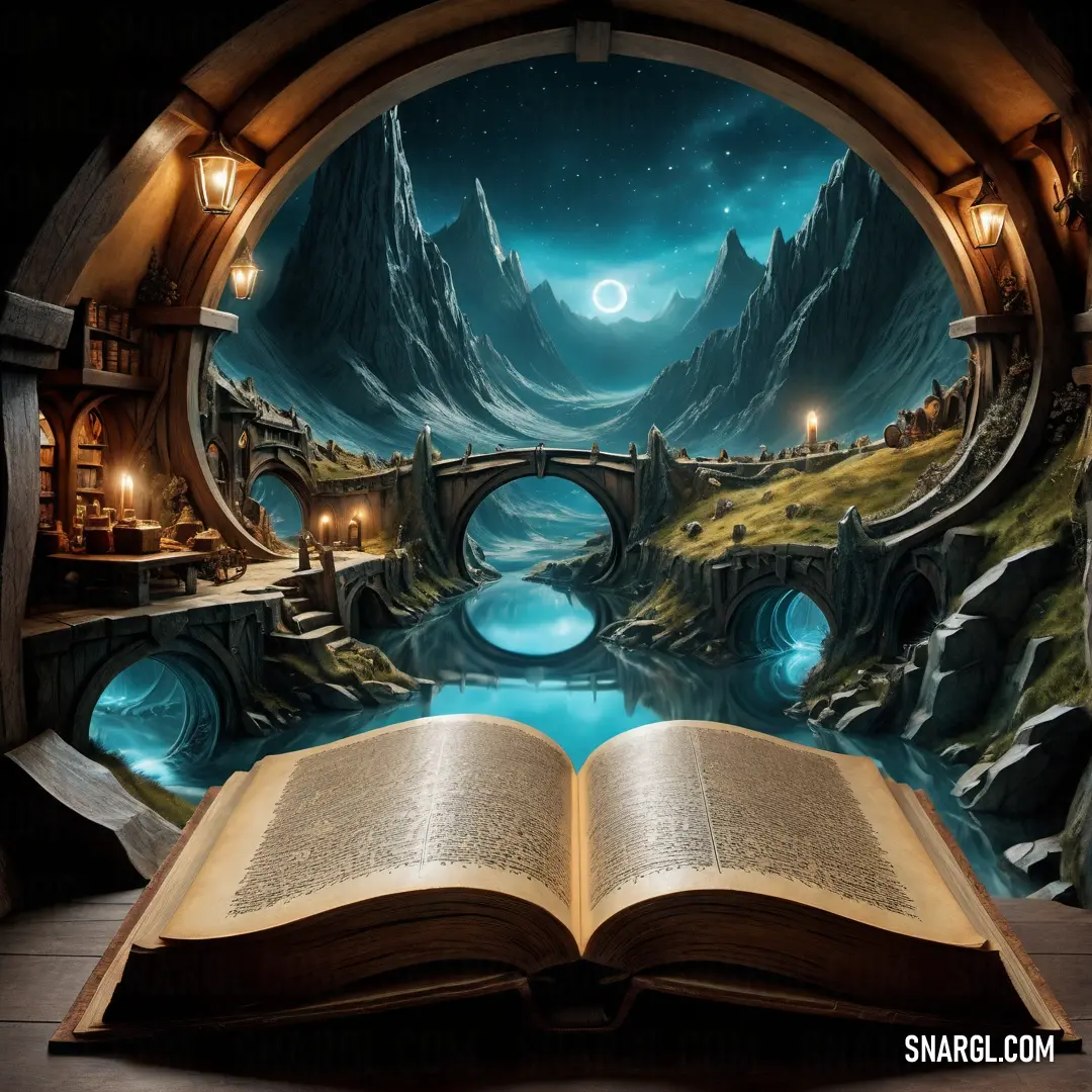 Open book with a painting of a fantasy landscape on it and a bridge over a river in the middle. Color #C8BB86.