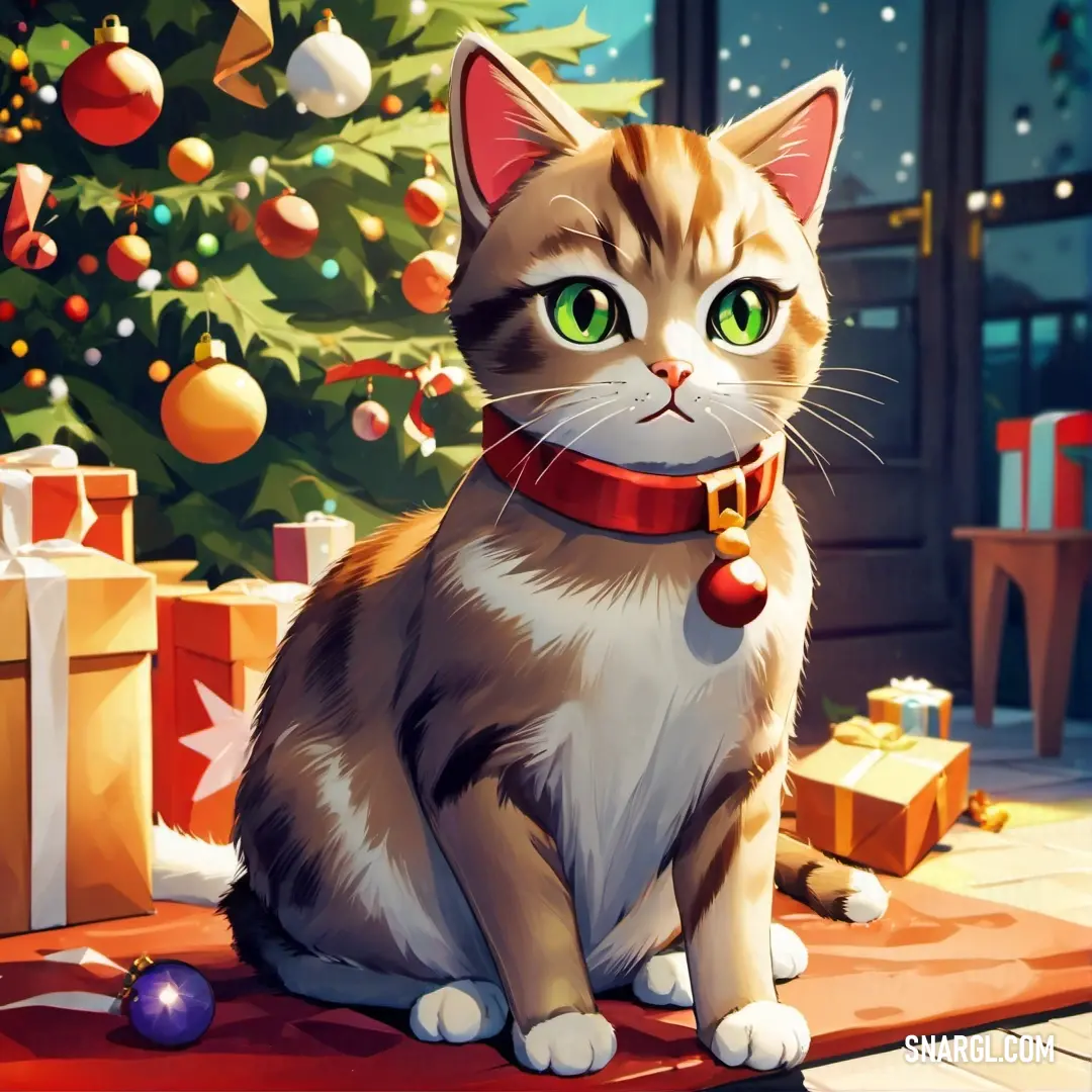 Cat on a rug in front of a christmas tree with presents on it. Color CMYK 0,20,50,16.