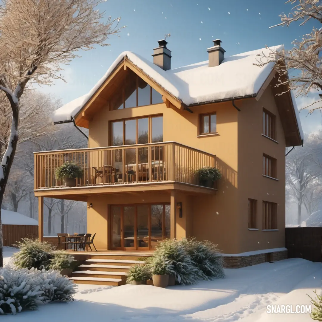 House with a balcony and a balcony in the snow with a lot of snow on the ground and trees. Color CMYK 0,20,50,16.