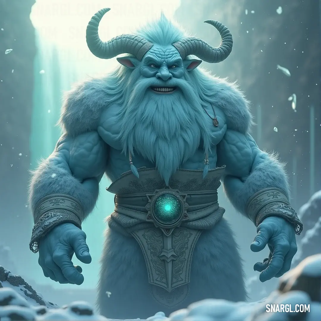 A striking blue troll with majestic horns and an eerie glowing green eye stands resolutely in a snowy landscape, surrounded by jagged rocks. His unique color palette creates a mesmerizing contrast against the icy backdrop.