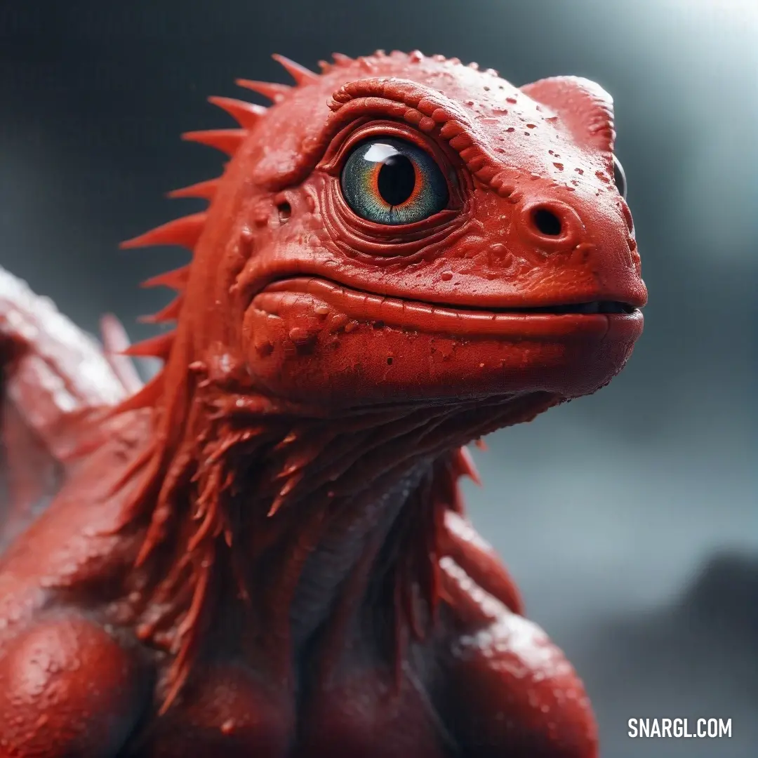 A vibrant close-up of a striking red lizard perched against a deep black backdrop, showcasing its intricate scales and vivid color. The elegance of its form highlights the contrast with the darkness surrounding it.