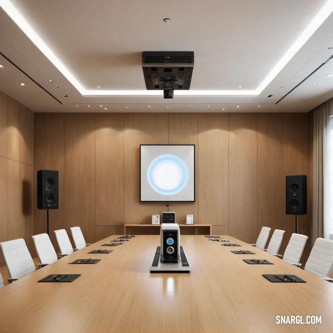 A professional conference room showcasing a large wooden table surrounded by sleek chairs, with speakers mounted on the wall. The arrangement conveys a sense of teamwork and collaboration, highlighted by the warm CMYK 0,26,49,12 color scheme.