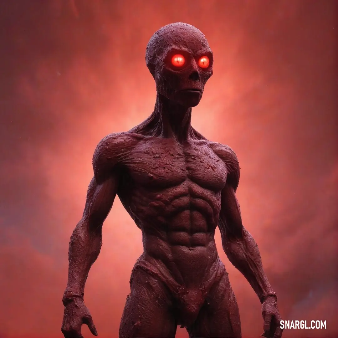 A chilling portrayal of a creepy alien with glowing eyes stands boldly in front of a striking red backdrop, creating a contrast that adds to the ominous ambiance and evokes a sense of unease and curiosity.