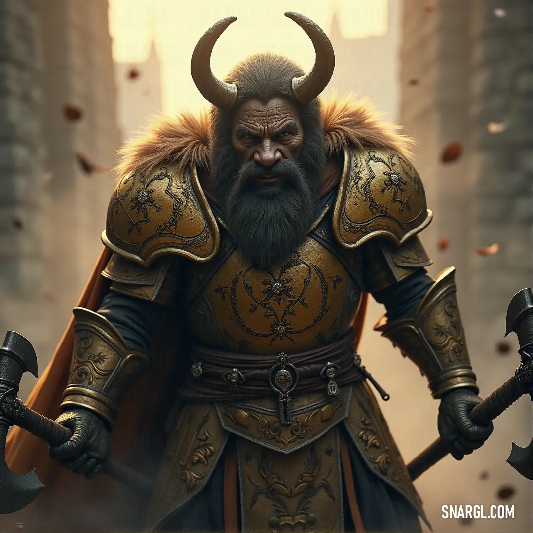 A determined man with a beard and a horned helmet towers over his surroundings, gripping two imposing swords. His intense gaze reflects a warrior's spirit, ready to face any challenge that comes his way.