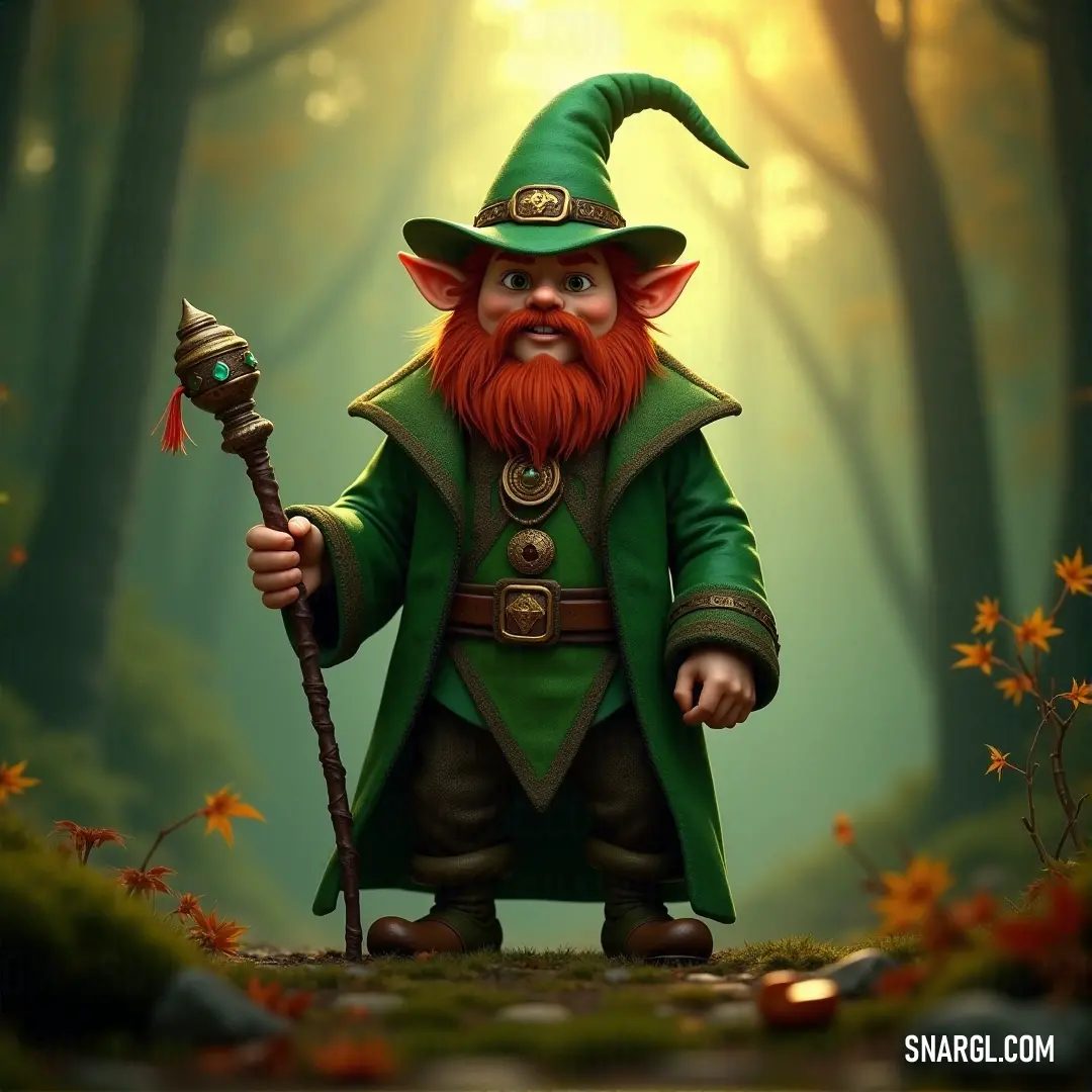 In a captivating forest filled with vibrant flowers and leaves, a cartoonish wizard wields a staff. A brilliant light shines in the background, illuminating the vibrant scenery and accentuating the magical essence of the moment.