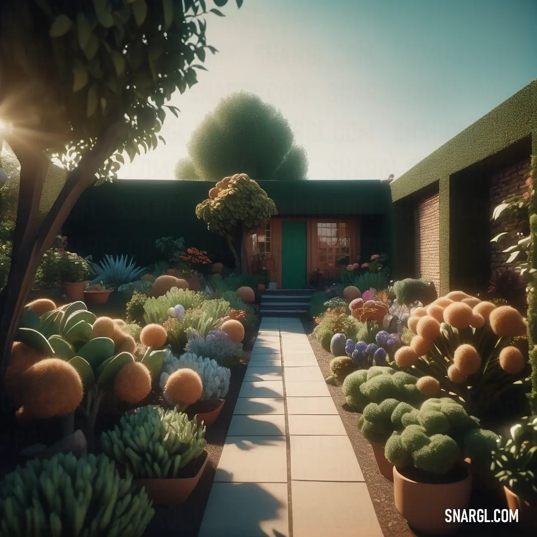 Garden with a walkway and a house in the background. Example of NCS S 2020-Y30R color.