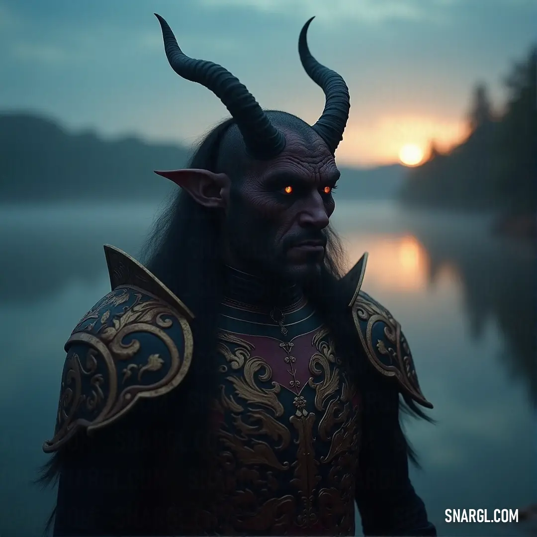 A rugged man in a horned costume, complete with a beard, gazes out over a tranquil lake as the sun sets behind him. The warm hues of the sunset reflect off the water, creating a serene and mystical atmosphere.