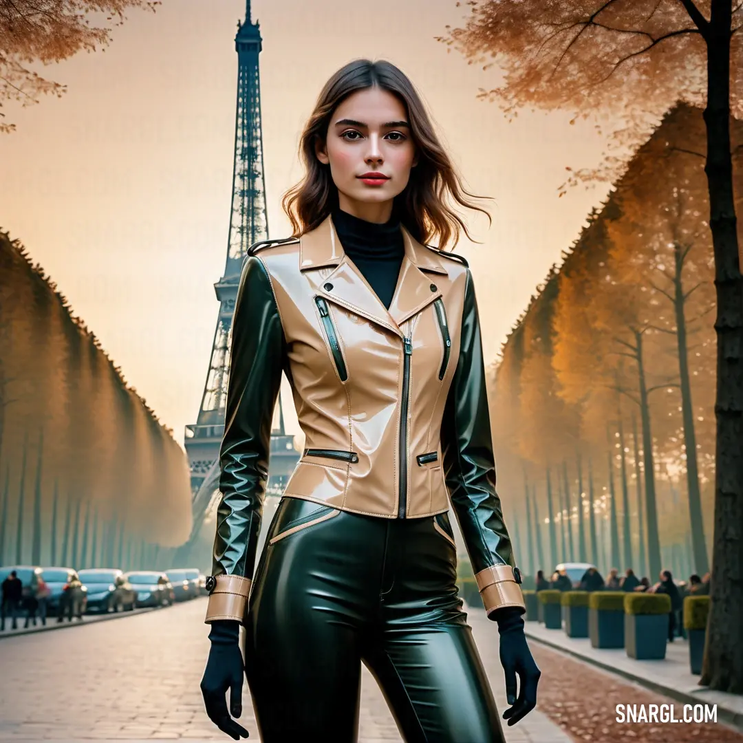 NCS S 2020-Y30R color. Woman in a leather outfit standing in front of the eiffel tower in paris