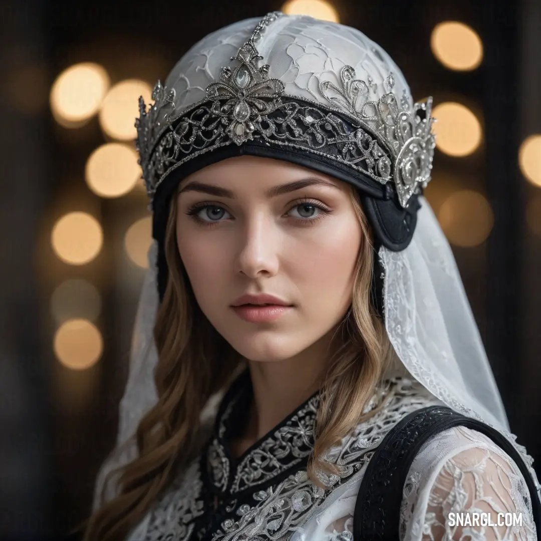 A woman adorned in an elegant white dress, complemented by a delicate veil and a sophisticated black-and-white headpiece, stands with an air of grace, creating a harmonious blend of contrast and elegance.