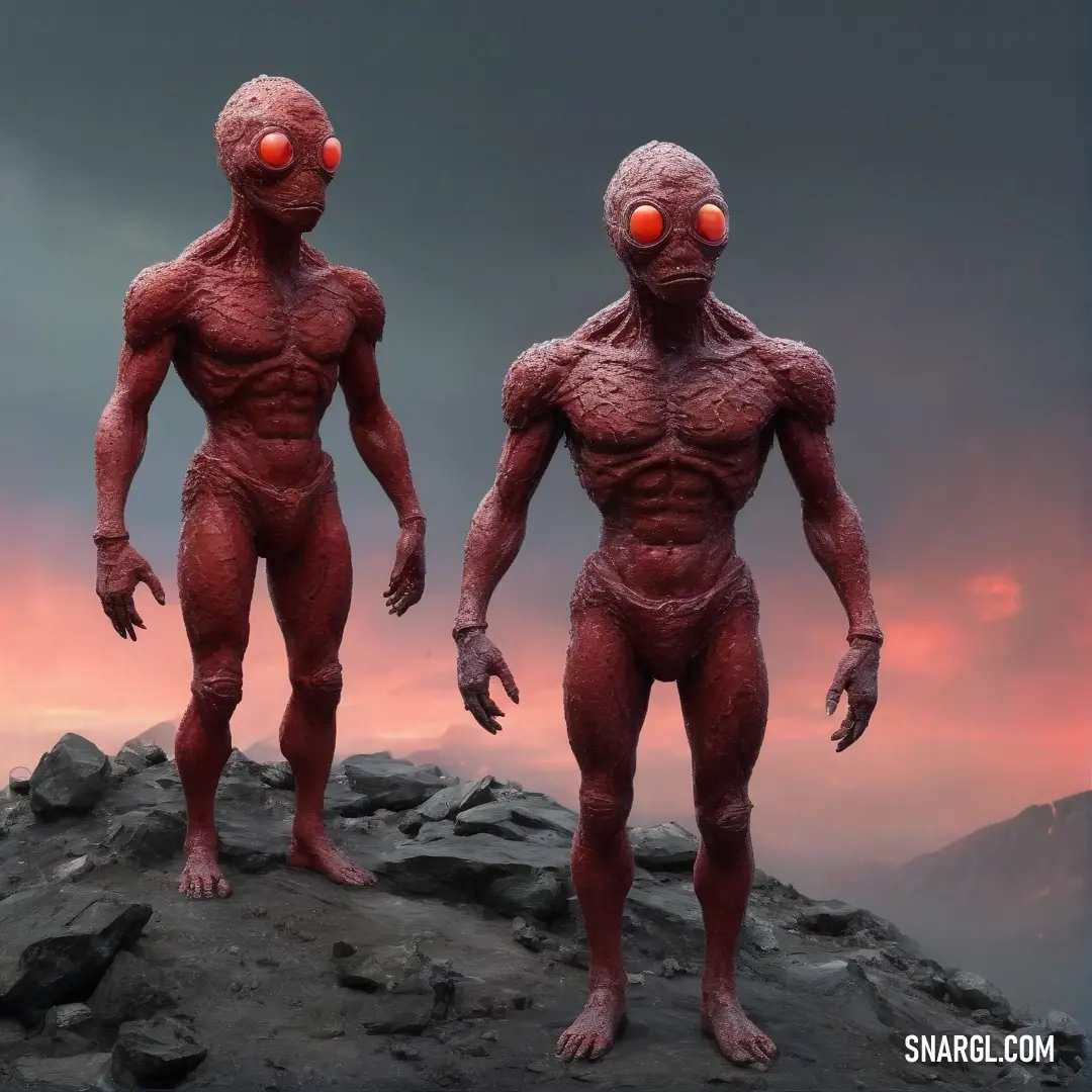 Two enigmatic humanoid forms loom over a stark rocky surface, their intense red eyes gleaming with mystery, echoing themes of extraterrestrial life and hidden wonders beneath the surface.