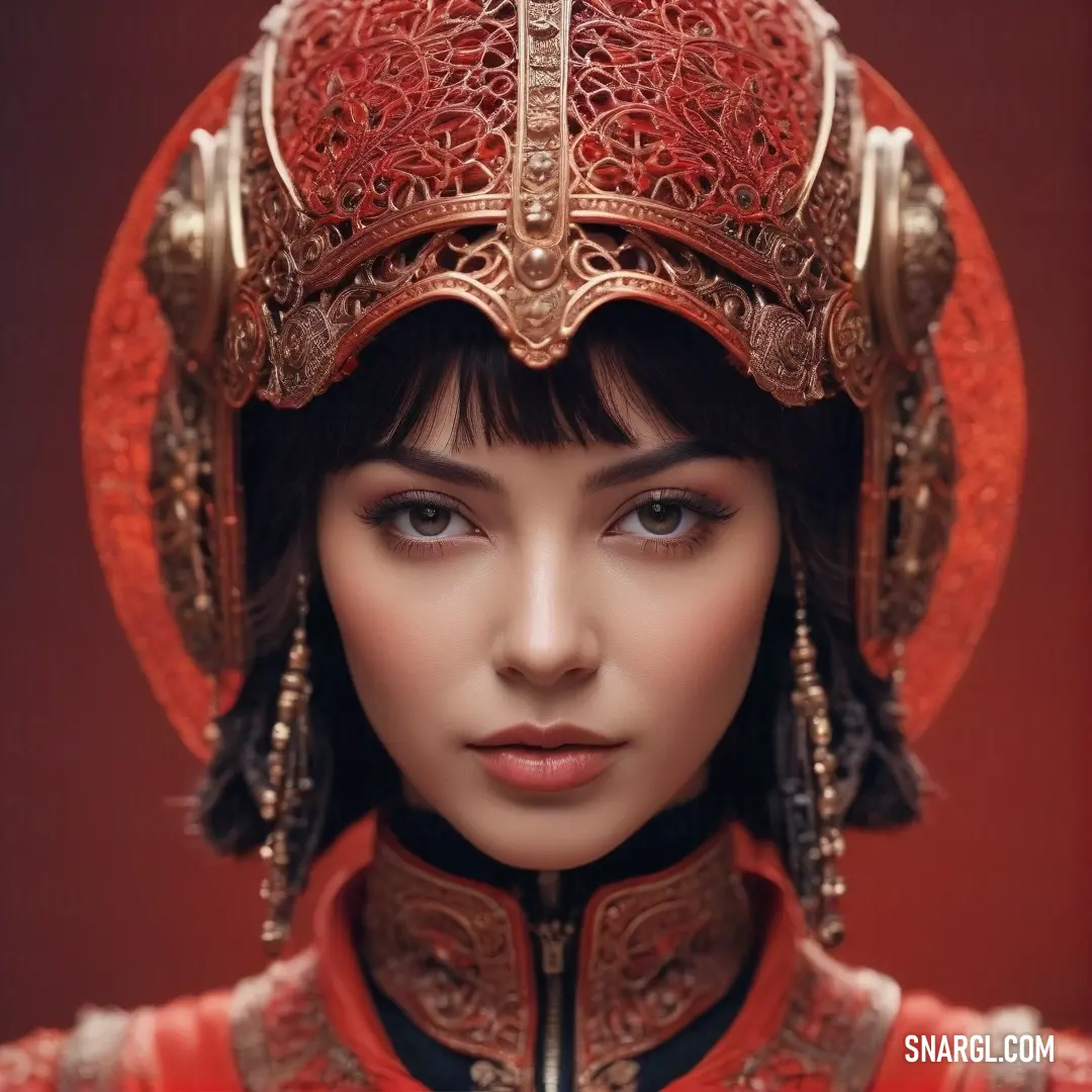 A woman confidently dons a striking red outfit that features a chic helmet, her expression exuding strength and poise, with a backdrop that enhances her bold style choices and vibrant energy.