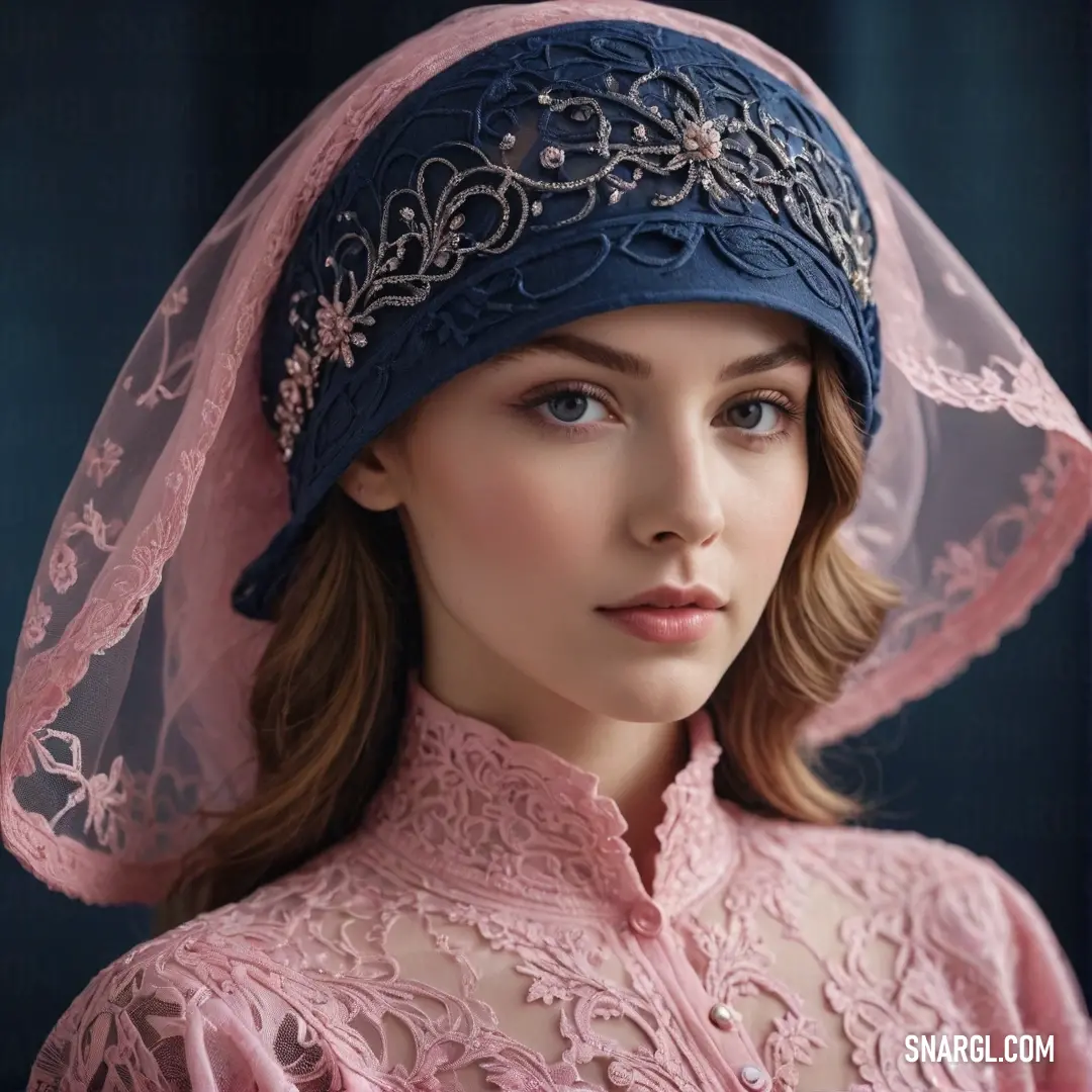 A woman sporting a beautiful blue hat with a delicate veil, paired with a soft pink shirt, is captured in a cheerful moment, radiating a sense of elegance and charm that brightens her surroundings.