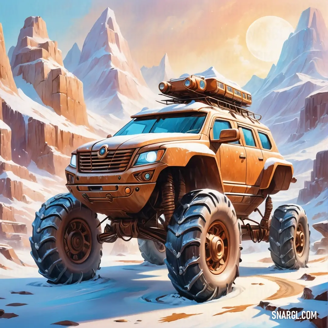 Cartoon monster truck driving through a snowy landscape with mountains in the background. Example of RGB 213,165,118 color.