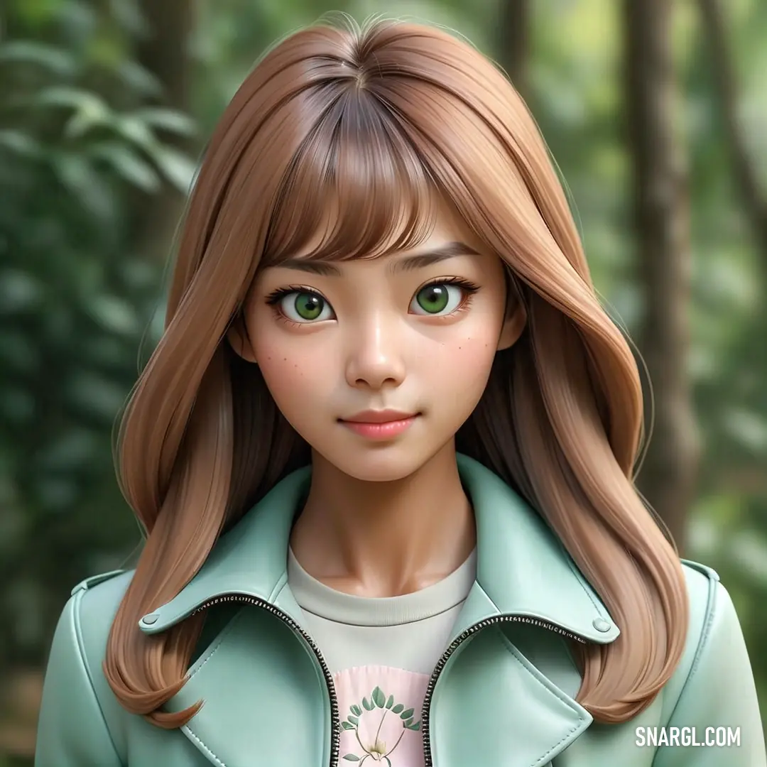 NCS S 2020-Y40R color example: Digital painting of a girl in a green jacket and a forest background
