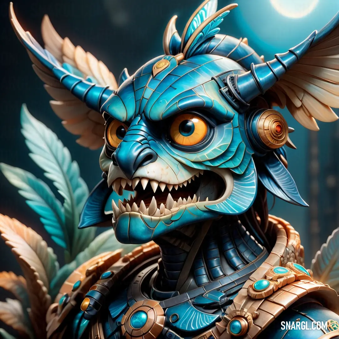 Blue creature with large horns and a big smile on its face and chest, with a blue background. Example of NCS S 2020-Y50R color.