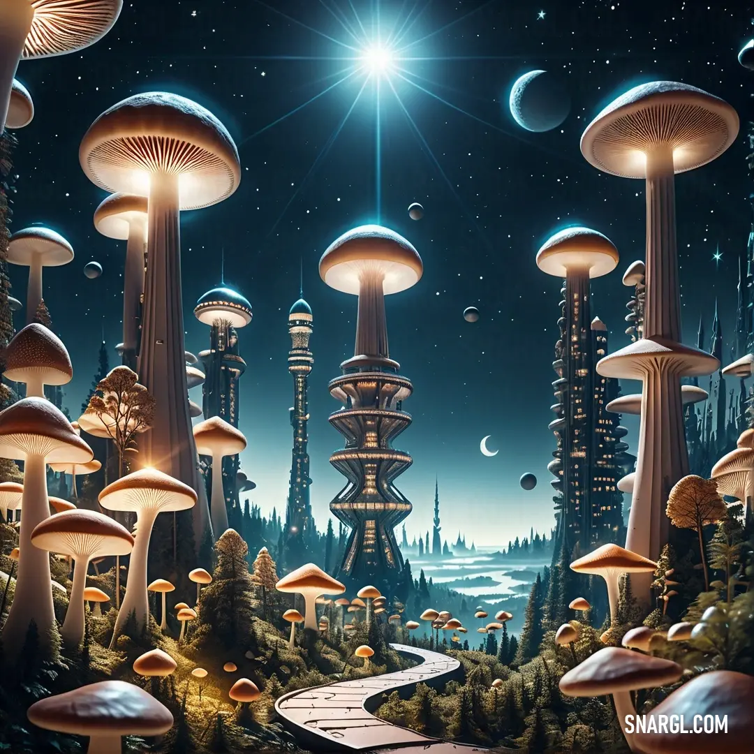 Painting of a night scene with mushrooms and a path leading to a star filled sky with a bright light. Color #D49F81.