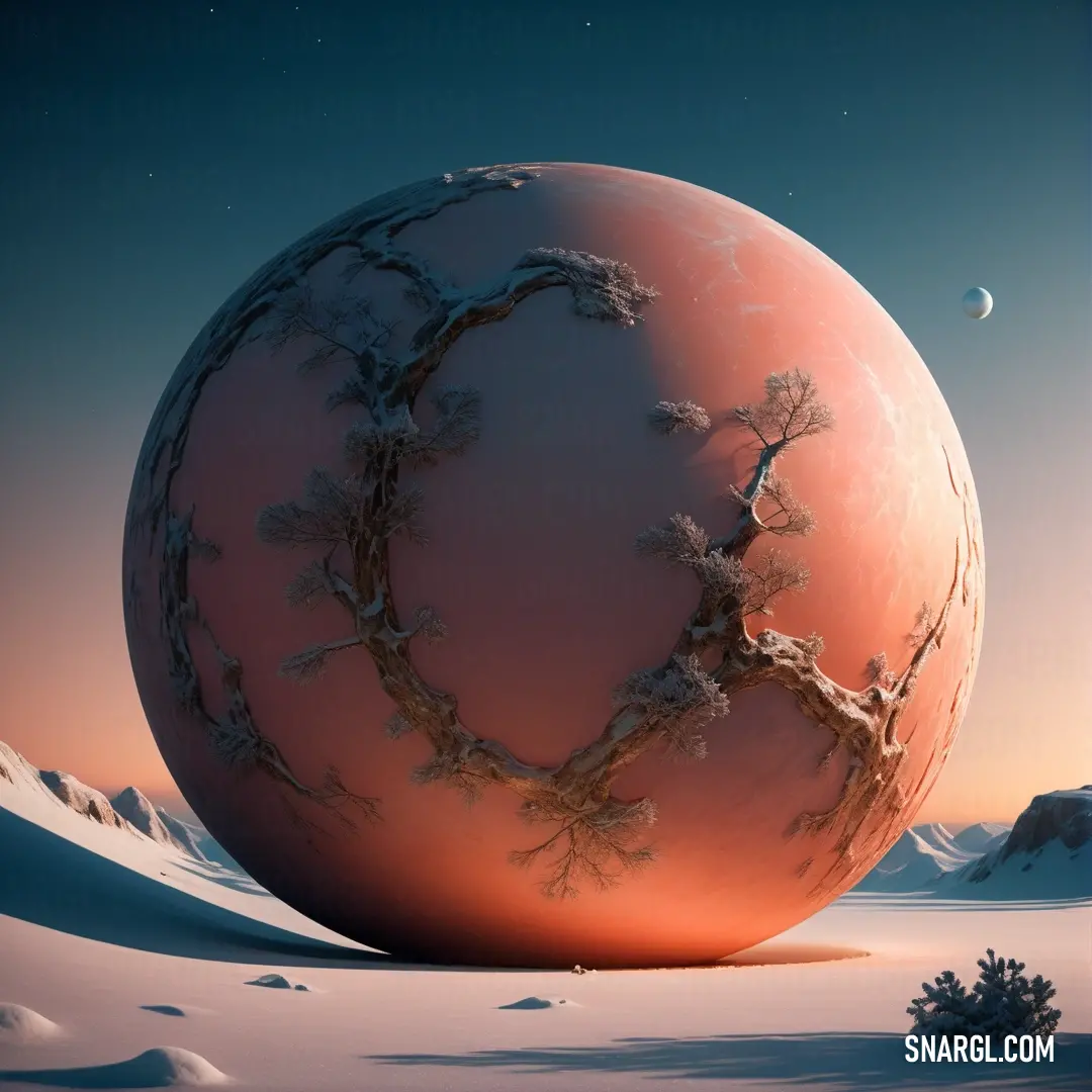Large sphere with a tree on it in the middle of a snowy landscape with a moon in the sky. Example of CMYK 0,38,40,10 color.