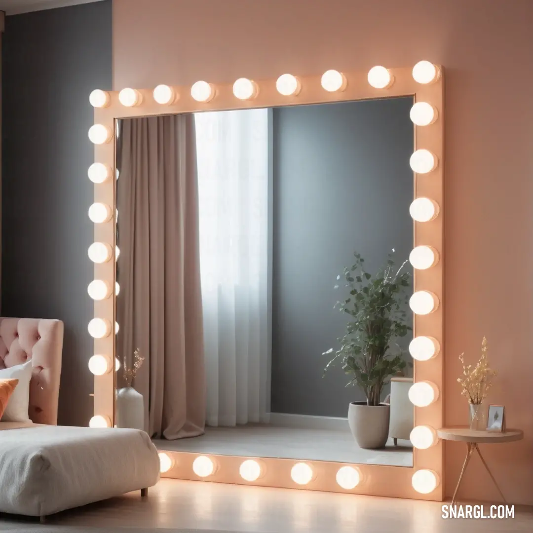 Mirror with lights on it in a room with a bed and a plant in it and a vase with flowers. Color CMYK 0,38,40,10.