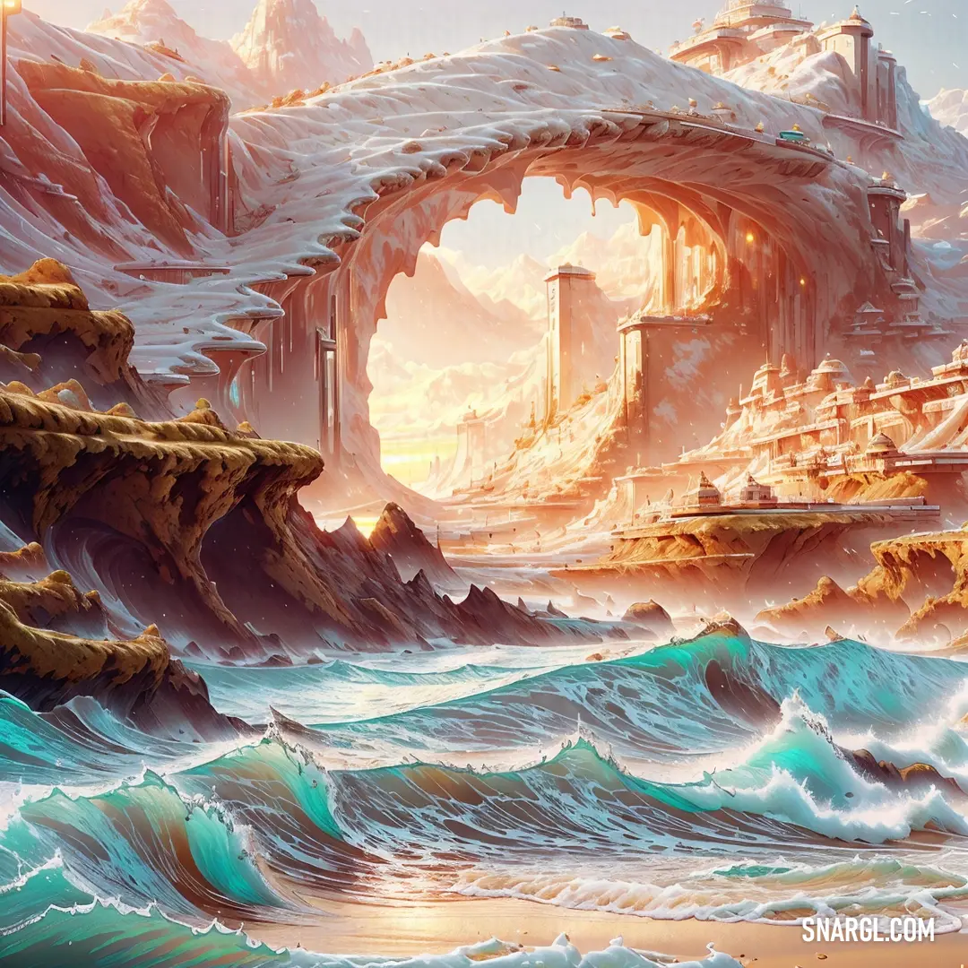 NCS S 2020-Y70R color. Painting of a rocky coastline with a bridge in the distance and a castle in the distance on top of a cliff