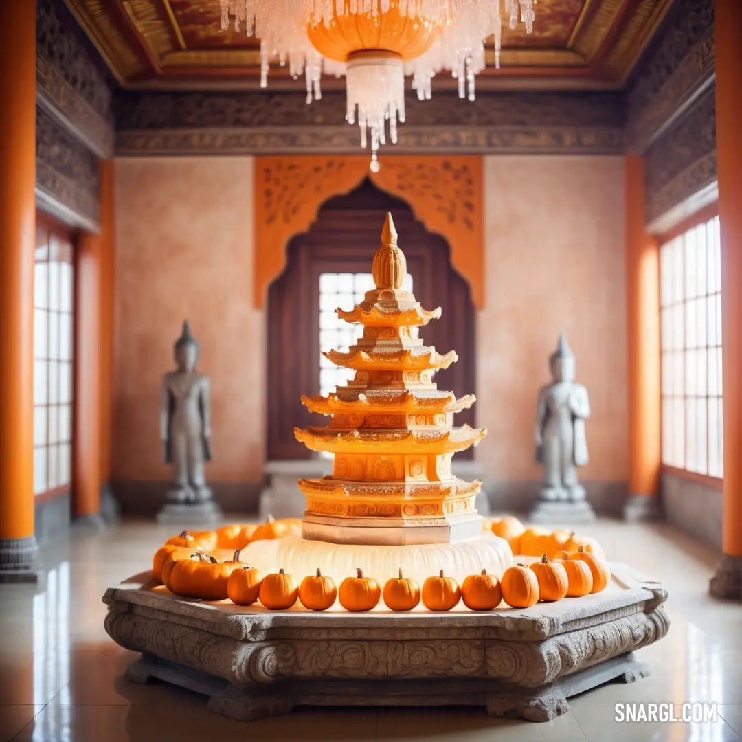 Large orange pagoda in a room with statues and chandelier above it. Example of NCS S 2020-Y80R color.