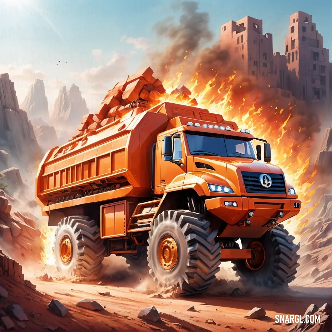 Large orange truck driving through a desert filled with rocks and dirt with a city in the background. Color CMYK 0,35,32,15.
