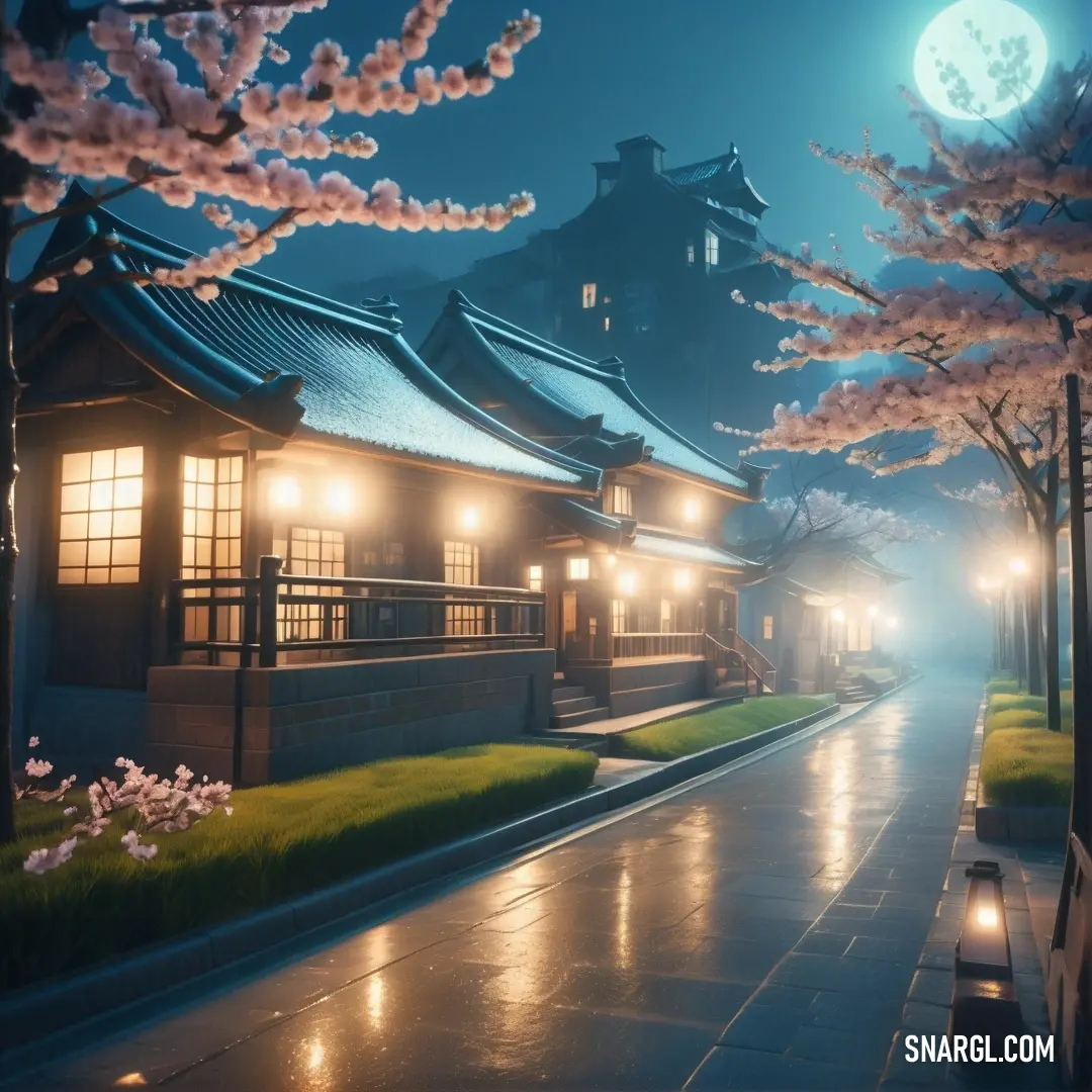 Street with a building and a full moon in the sky above it and a few trees with blossoming blossoms. Example of RGB 213,161,144 color.