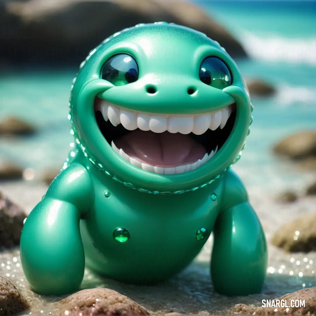 Green toy with a big smile on the beach with rocks and water in the background. Example of CMYK 61,0,31,5 color.