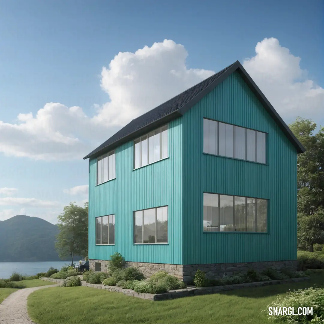 House with a blue exterior and a path leading to it and a lake in the background. Color #6DCBC1.