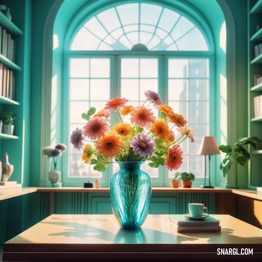 NCS S 2030-B40G color example: Vase of flowers on a table in front of a window with a cup of coffee on it and a bookcase