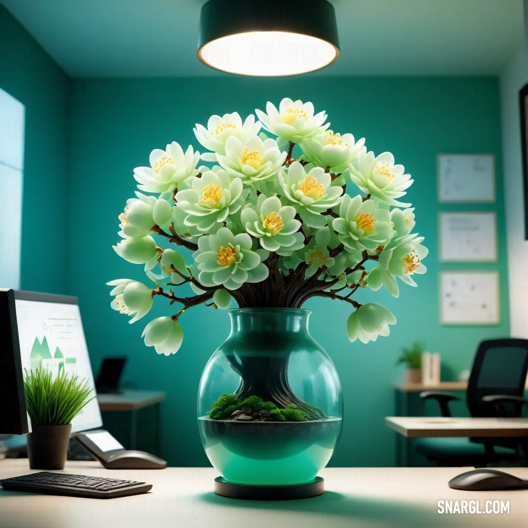 Vase with flowers in it on a desk next to a computer monitor and keyboard. Color #6DCBC1.