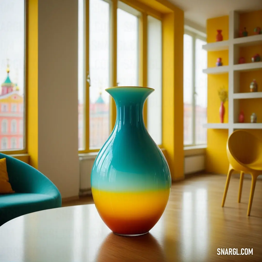 Vase on a table in a room with yellow walls and a blue chair in the background. Color RGB 109,203,193.