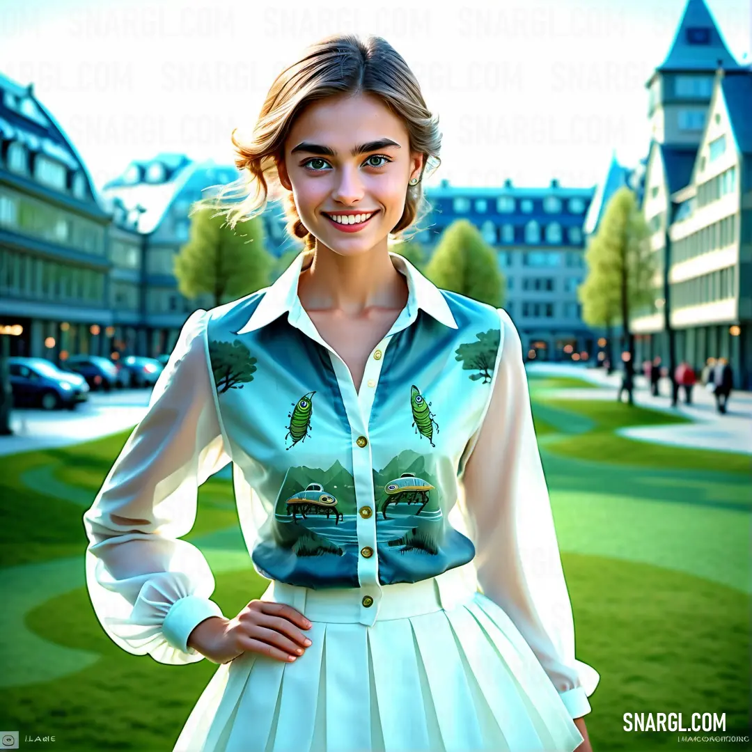 Woman in a dress posing for a picture in a city park with a building in the background. Color #6DCBC1.