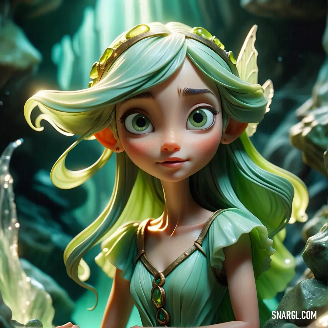 NCS S 2030-B60G color. Cartoon character with green hair and a green dress in a forest with rocks and plants and a waterfall
