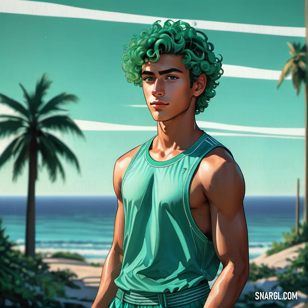 Man with green hair standing in front of a beach and palm trees with a blue sky in the background. Example of NCS S 2030-B60G color.