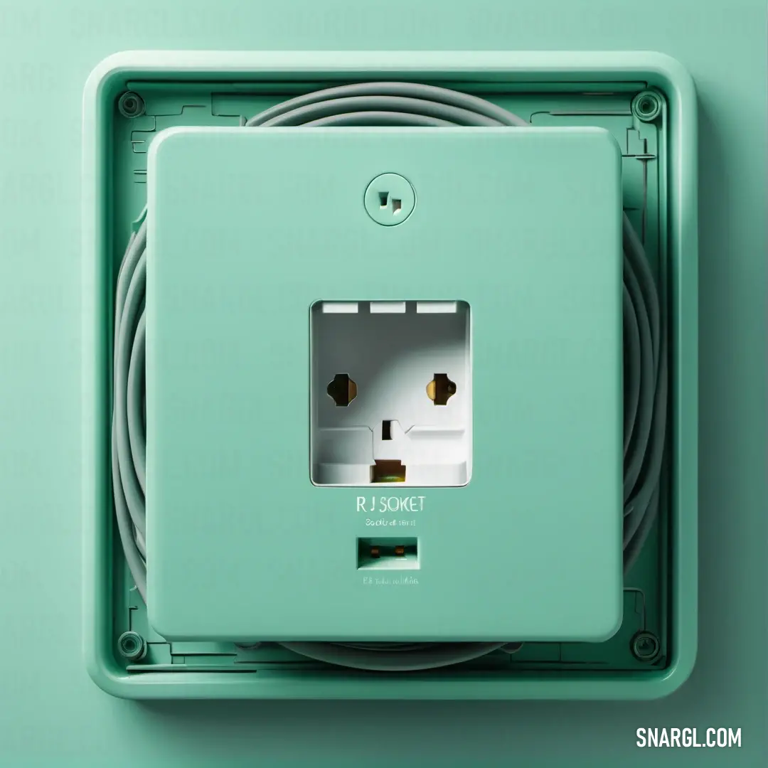 Green electrical outlet with a white cord in it's center and a green wall behind it. Example of NCS S 2030-B70G color.
