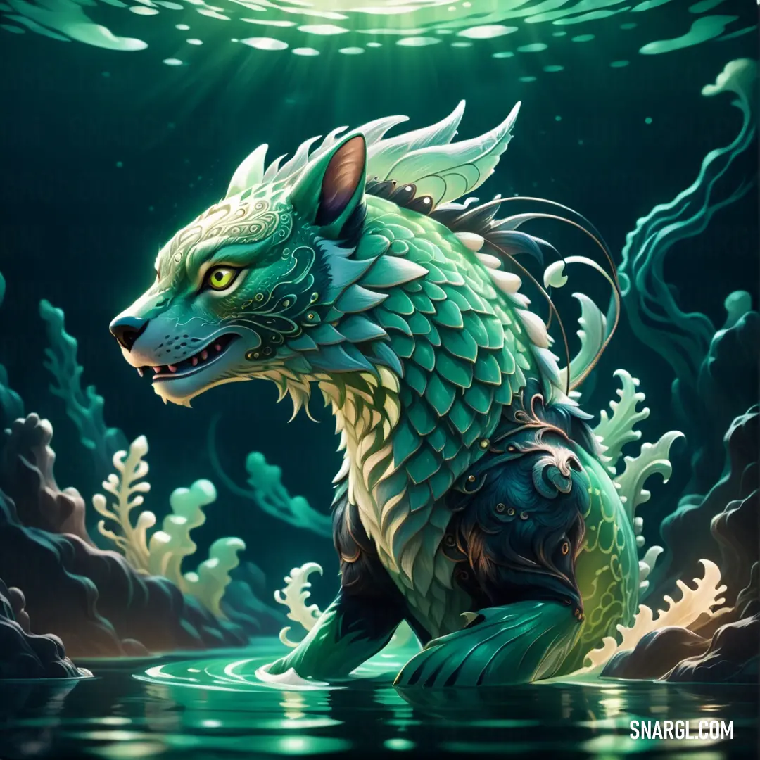 Green dragon on top of a body of water next to a green plant covered forest with a bright light. Color NCS S 2030-B70G.