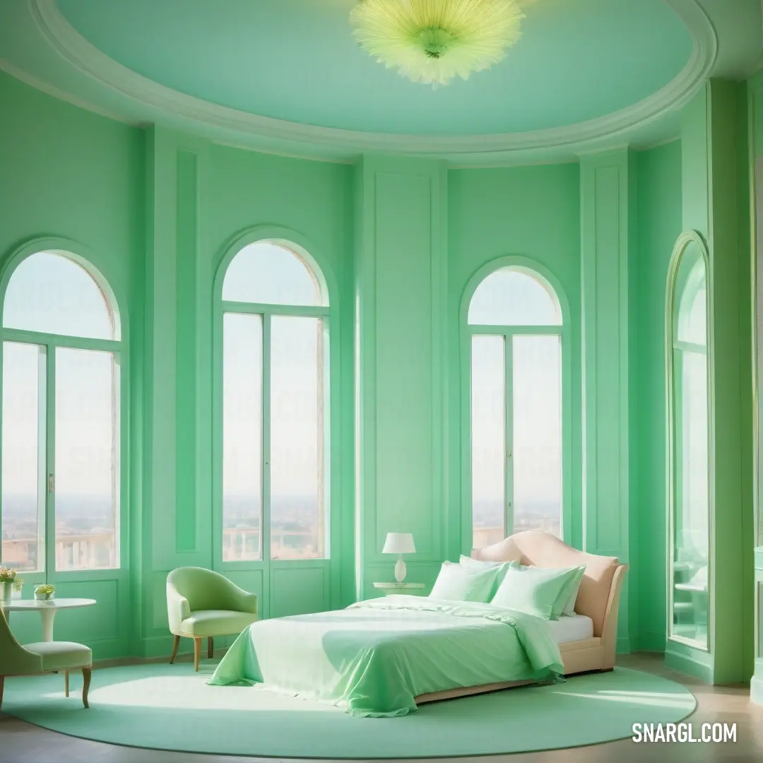 Bedroom with a circular bed and green walls and windows and a round rug on the floor and a chair. Color NCS S 2030-B90G.