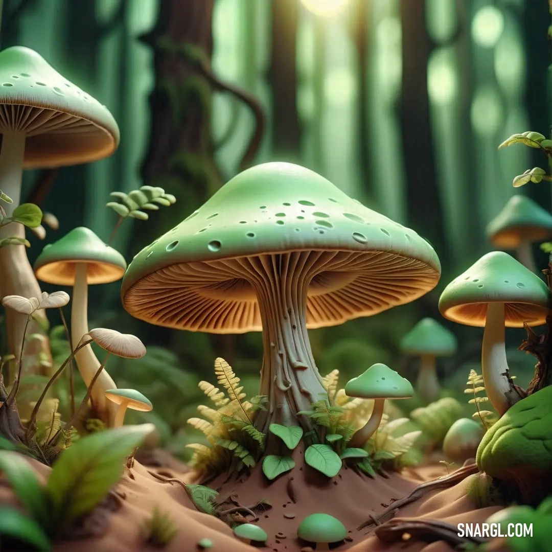 Group of mushrooms in a forest with sunlight shining through the trees and grass on the ground. Color NCS S 2030-B90G.