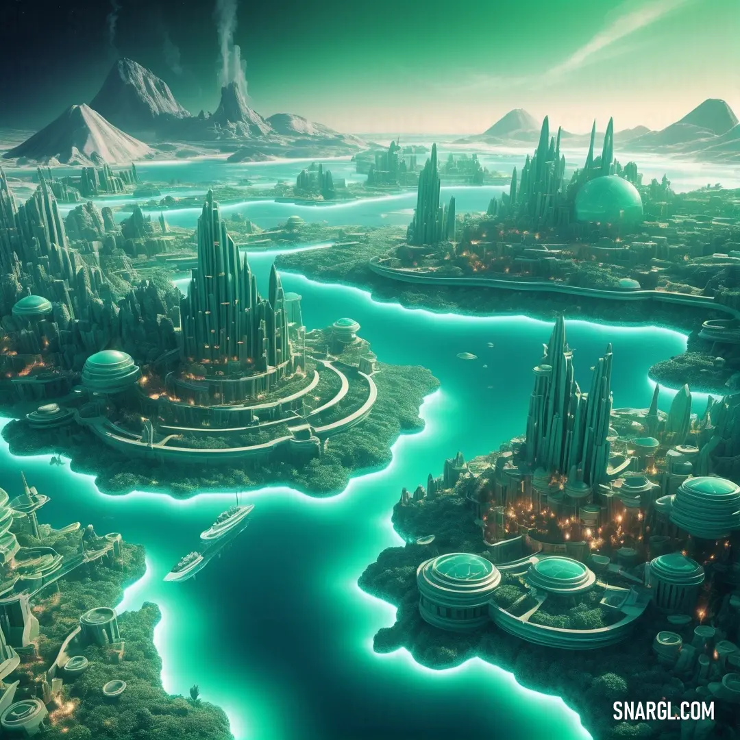 Futuristic city with a river running through it and a futuristic city on the other side of the river. Color RGB 133,221,186.